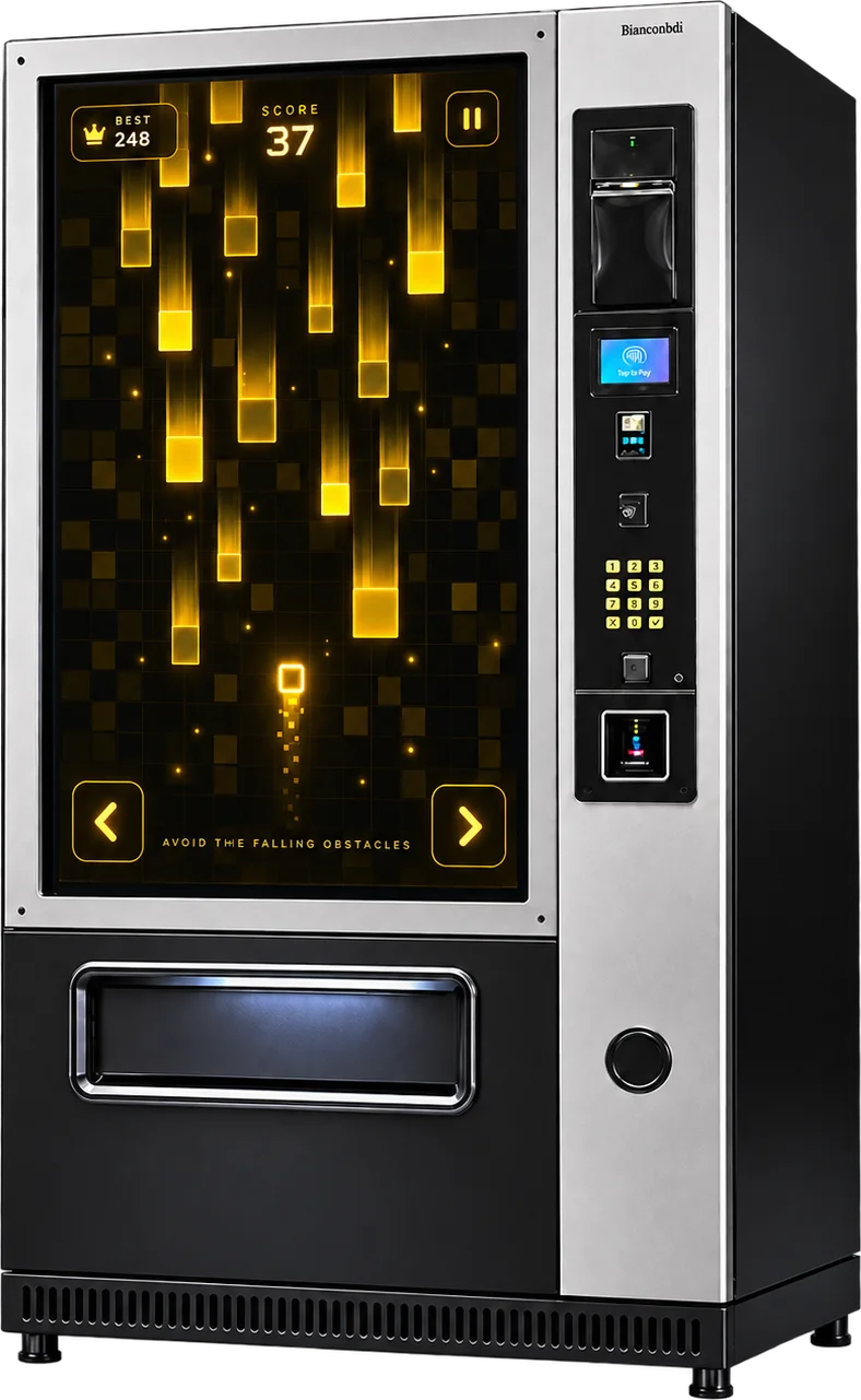 A prize vending machine with a tall touchscreen running the Collector game: amber blocks falling toward a player block.
